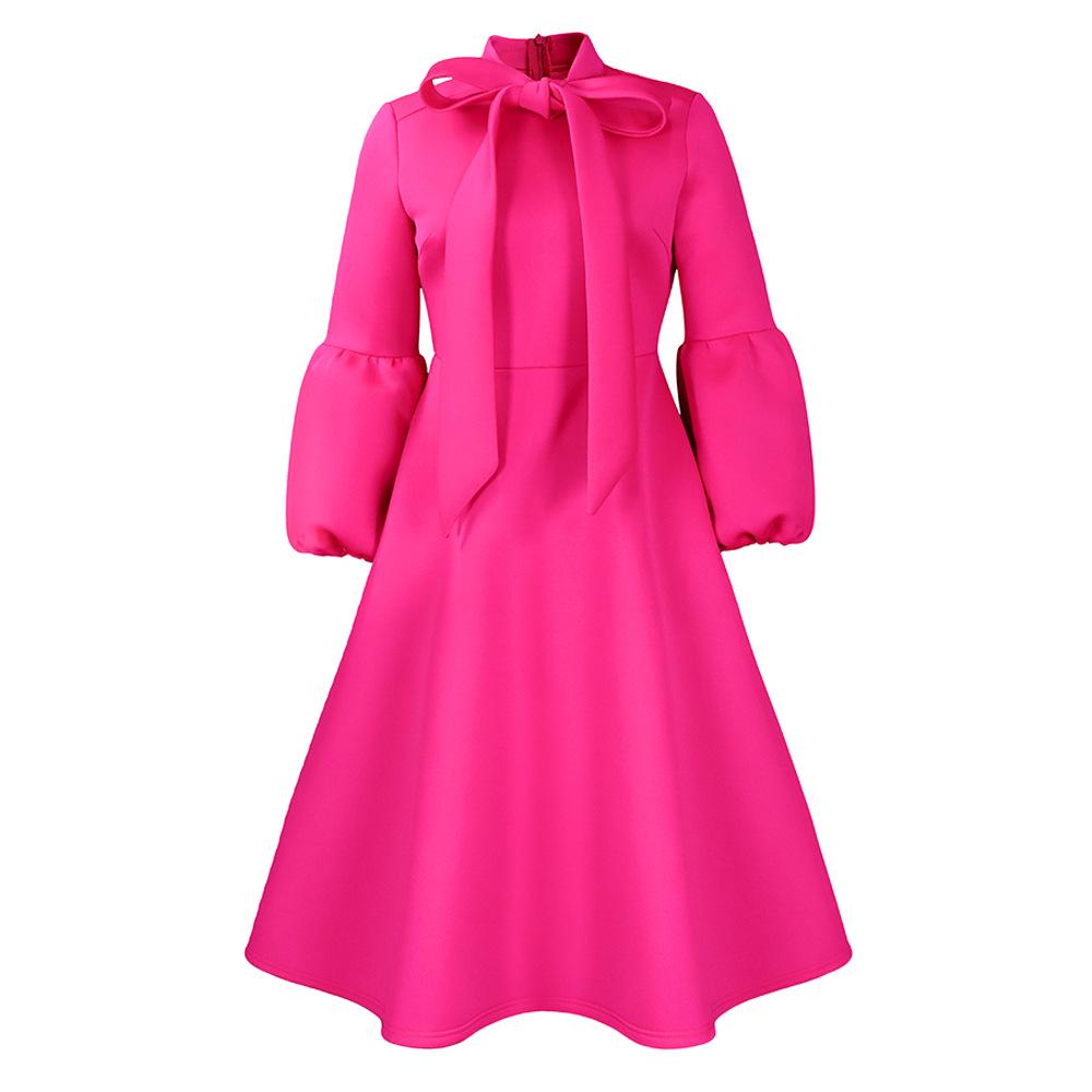 2024 Spring Fashion Lace Lantern Sleeve High Waist Bowknot Swing Dress