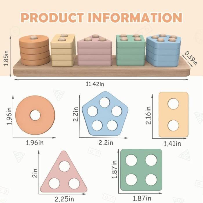 Jouets éducatifs en bois - Jouzmui - Puzzle Montessori - 5 couleurs vives - 1 à 3 ans - Sûr et durable