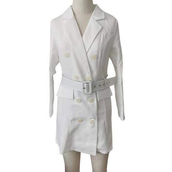 Women Suit Dress Lapel Long Sleeve Double Breasted Mid-length Formal Business Dress with Belt Pockets Suit Dress Workwear