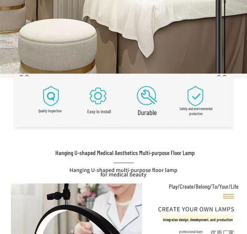 24-inch Half-Moon LED Beauty Lamp for Embroidery, Nail Art, Eyebrow & Eyelash Application - U-Shaped, Floor-Standing Eye Protection Fill Light