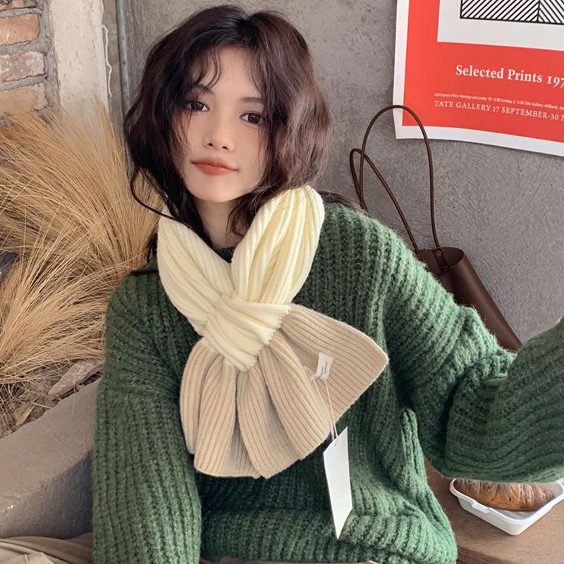 Colorblock Knit Small Scarf: Women's Autumn Winter Korean Style, Warm & Versatile for Students & Couples, Solid Color Snood