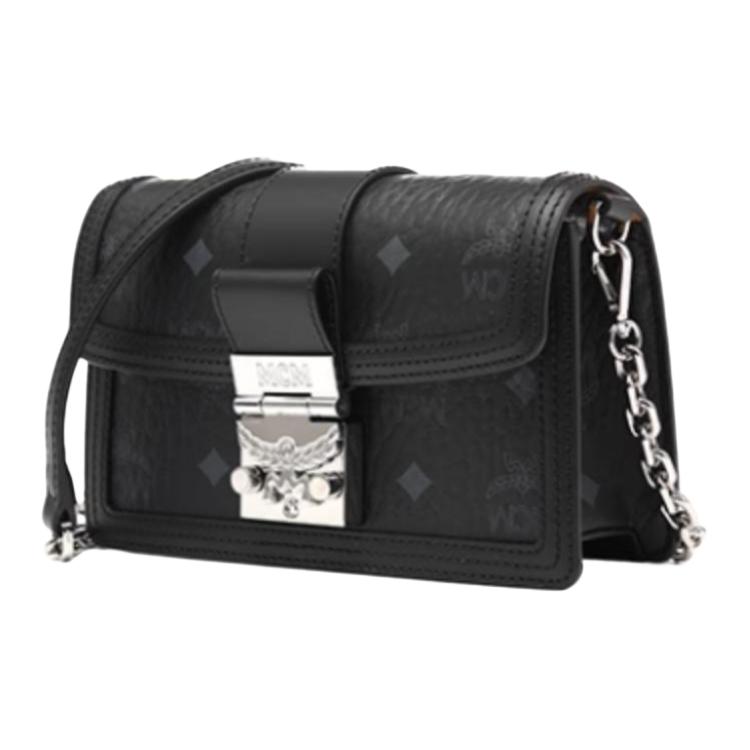 MCM Silver Hardware Monogram Print Chain Shoulder Bag Coated Canvas Leather Crossbody Mini Women Shoulder Bag Black MWRBAWO05BK001