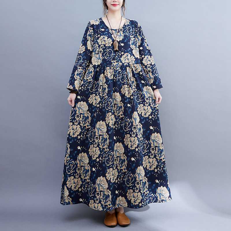 

Плотный хлопок лен Художественный плюс жирный принт Длинные рукава Платье Повседневные платья 2XL