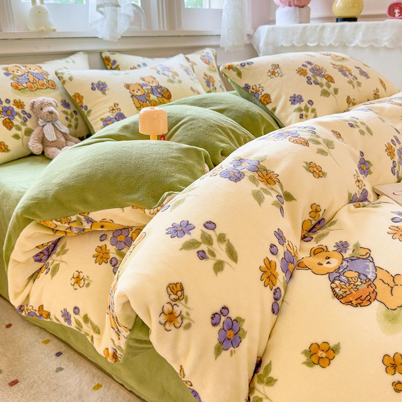 Thickened Milk Fleece Quilt Cover Single Piece Coral Fleece Quilt Cover Four-Piece Set Double-Sided Flannel Fleece