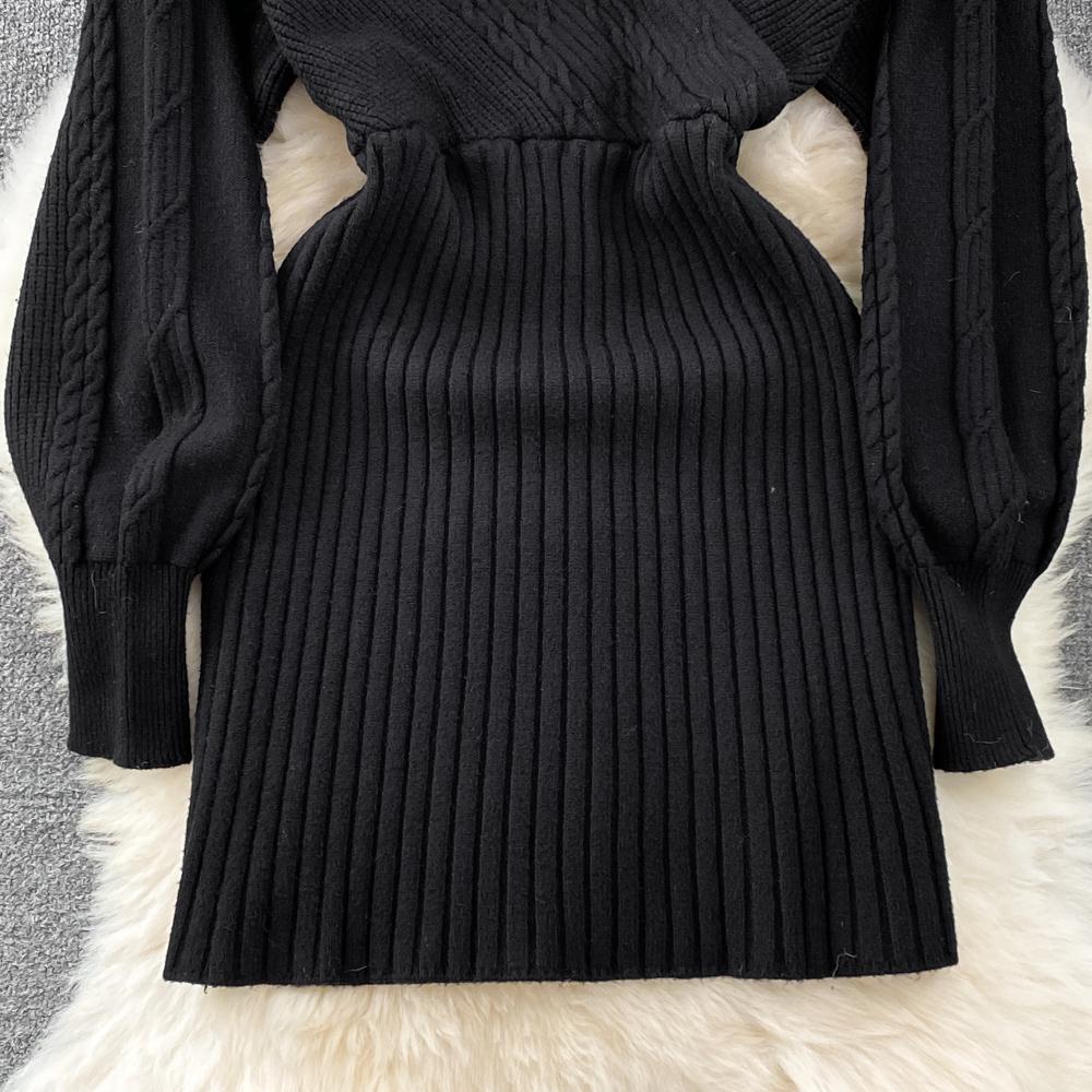 Podzimní zima elegantní pletené svetrové šaty s výstřihem do V s dlouhým rukávem Sexy mini dámské tužkové úplety