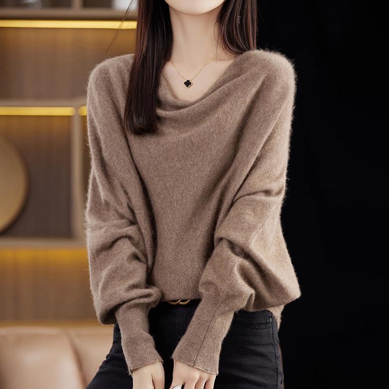 Trendy Batwing Sleeve Wool Sweater: Loose Wide Neck Knit Pullover for Women