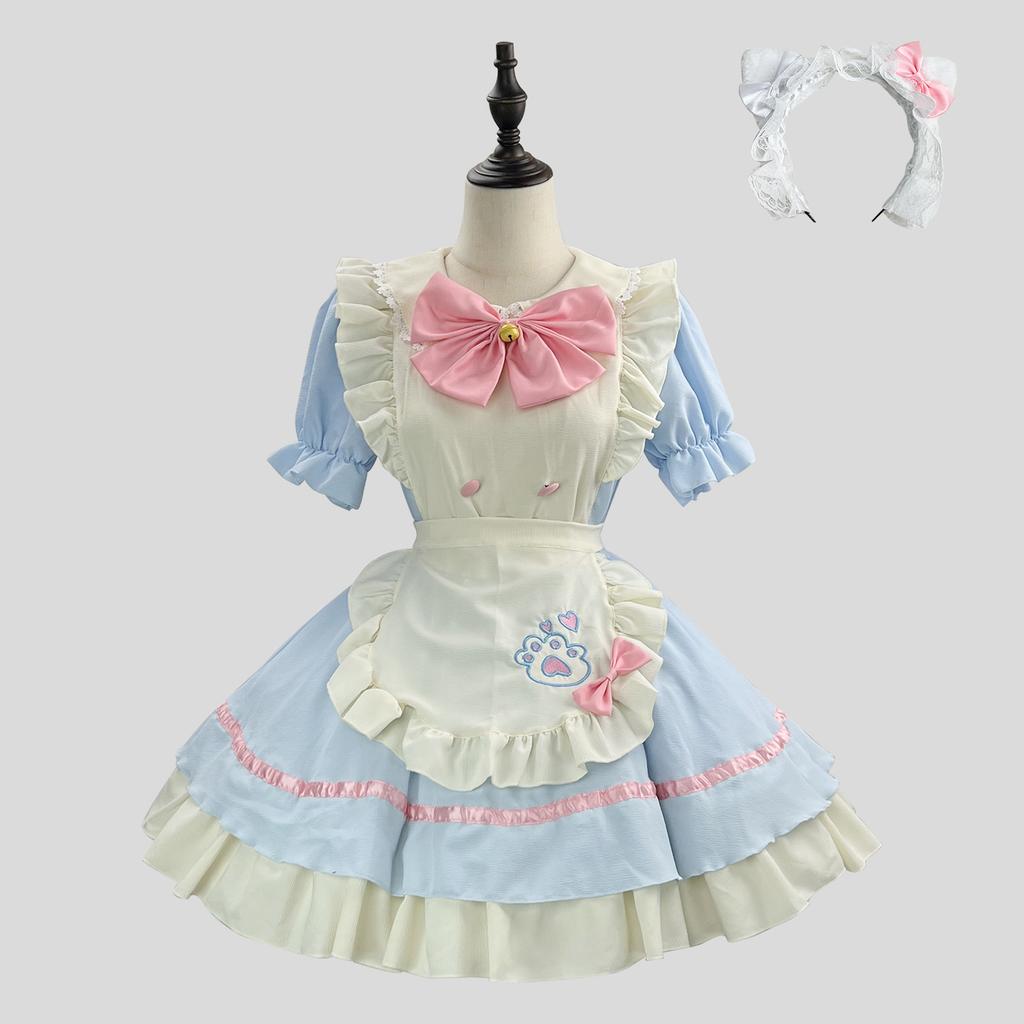 Cute Maid Short-sleeved Dress Cosplay Lolita Halloween Women's Costume + Headband 2-piece Set
