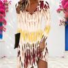 Women Plus Size V Neck Long Sleeve Blue Printed A Line Dress