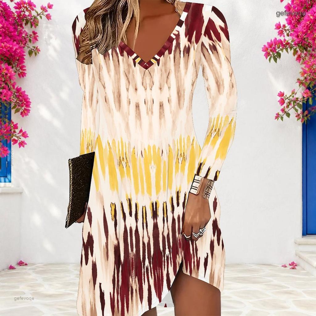 Women Plus Size V Neck Long Sleeve Blue Printed A Line Dress