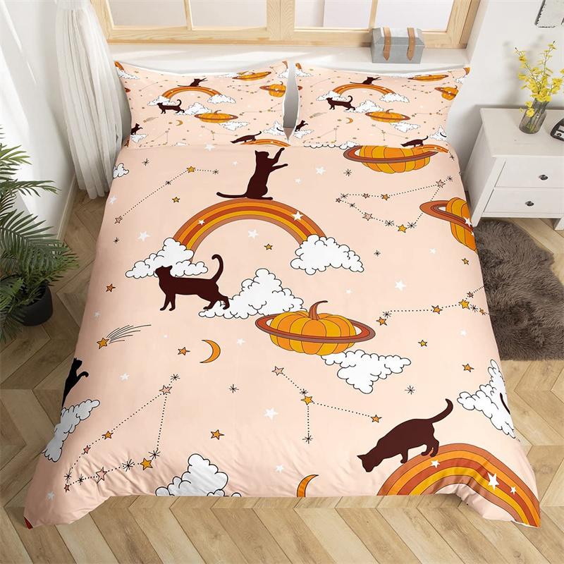 Cute Halloween Cat Duvet Cover Mystery Castle Bedding Set For Kids Teen Microfiber Misty Forest Bat Quilt Cover Queen Bedclothes