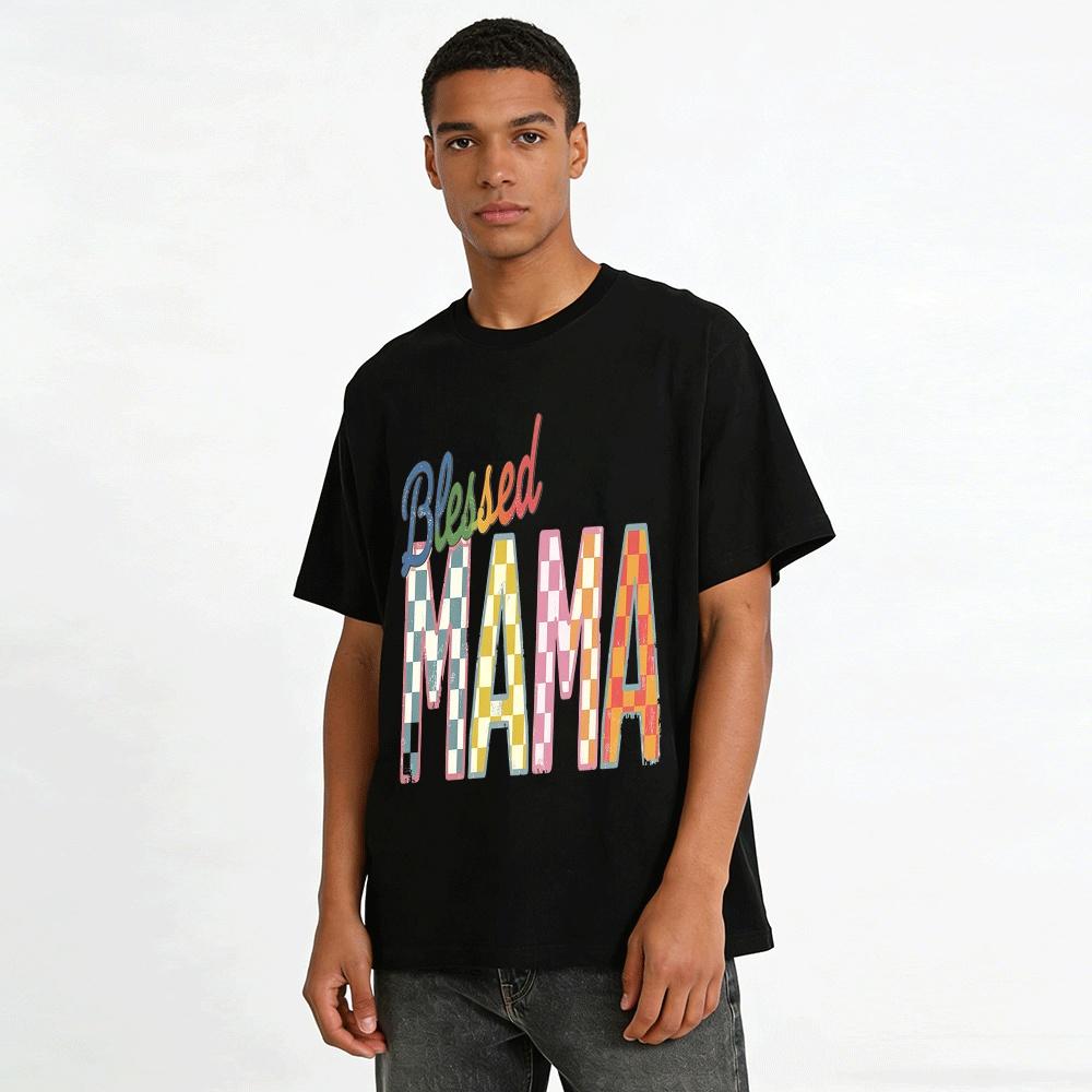 Vintage Checkerboard Blessed Mama Graphic Casual Top Pure cotton T-shirt