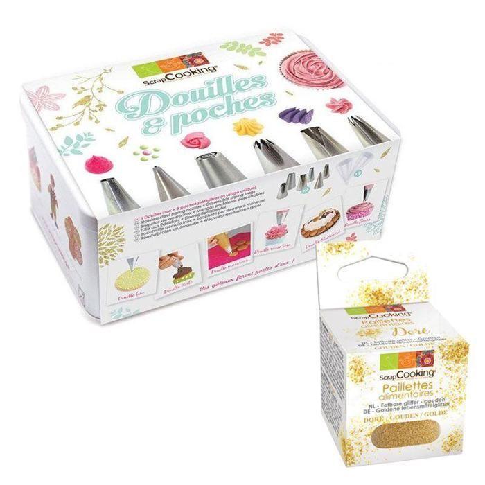 Coffret à pâtisserie 6 douilles inox et poches jetables + paillettes dorées