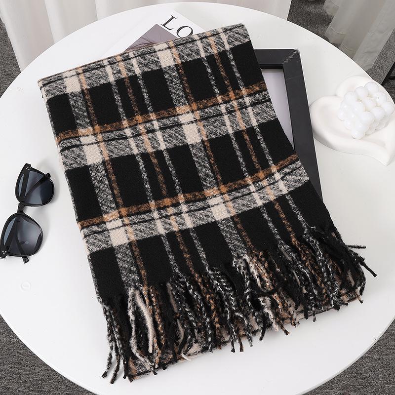 Women's Faux Cashmere Plaid Scarf - Korean Style, Thick & Warm Autumn/Winter Shawl