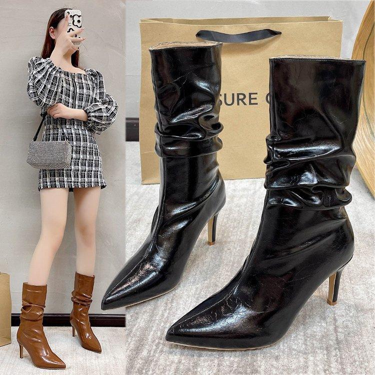 European Station Thin Heel Pointed Women's Medium Boots Autumn and Winter New Fashion Sleeve Pile Pile Women's Boots
