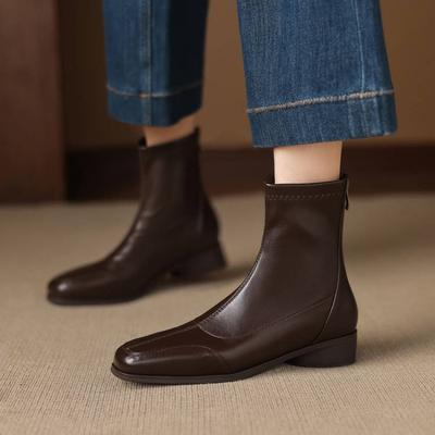 Korean Version of Rubber Sole Low Heel Medium Boots for Women's New Solid Color Large Size Women's Boots Square Head Autumn and Winter Zipper Martin