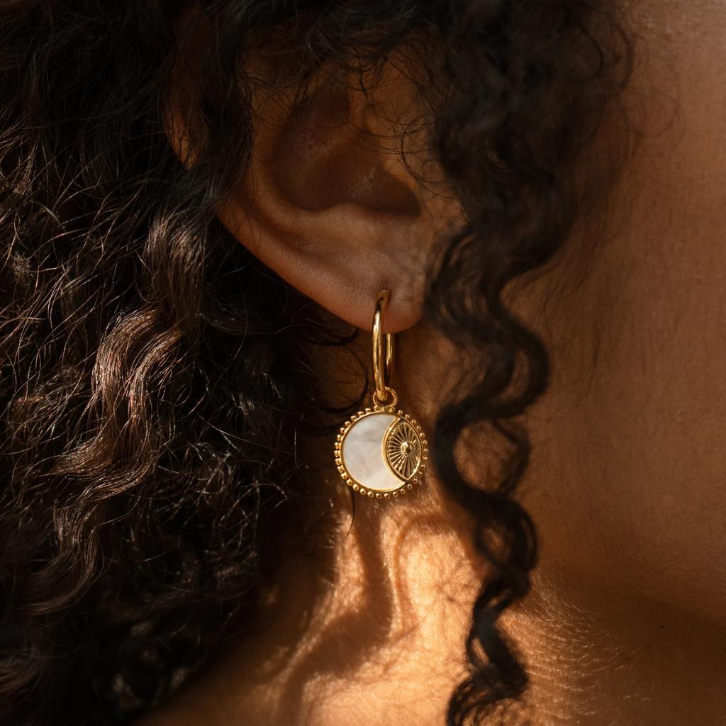 Retro Natürliche Muschel Sonne Mond Runder Kreis Anhänger Halskette für Frauen Edelstahl Gold Farbe Charms Creolen Ohrringe