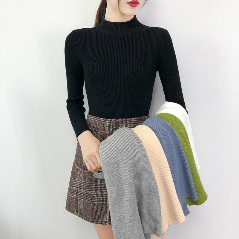 Autumn and Winter Long Sleeve Pullover Hundred Solid Color Women's Sweater Half High Neck Slim Knit Bottom Shirt