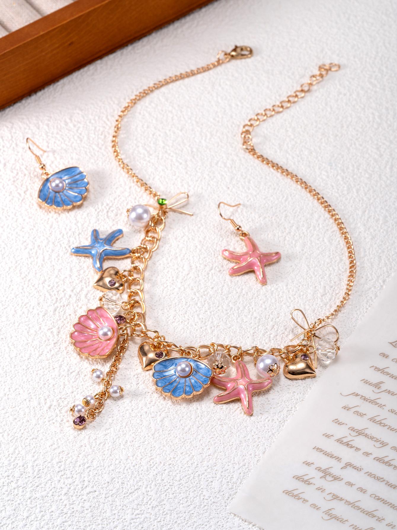 Shell starfish shape necklace stud earrings are fresh, sweet and cute, exquisite trend jewelry set