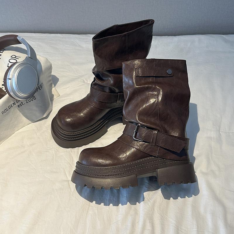 

Платформа Толстая Подошва Женские Ботильоны Мода Пряжка Ремень Обувь 2025 Осень Зима Женские Слипоны Короткие Ботильоны 38