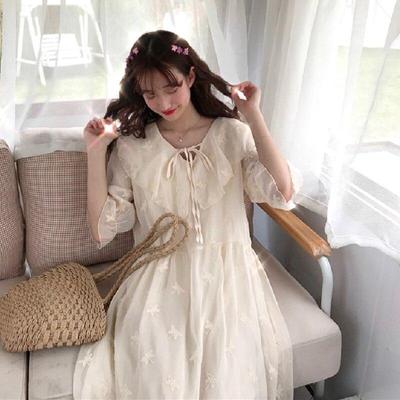 Neue Sommer Frauen Lolita Stil Fee Kleid Peter Pan Kragen Lose Schmetterling Stickerei Midi Kleid Nette Kawaii Rüschen Party Kleid
