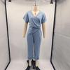 Women's European & American Summer Fashion Solid Color Irregular Short Sleeve Set