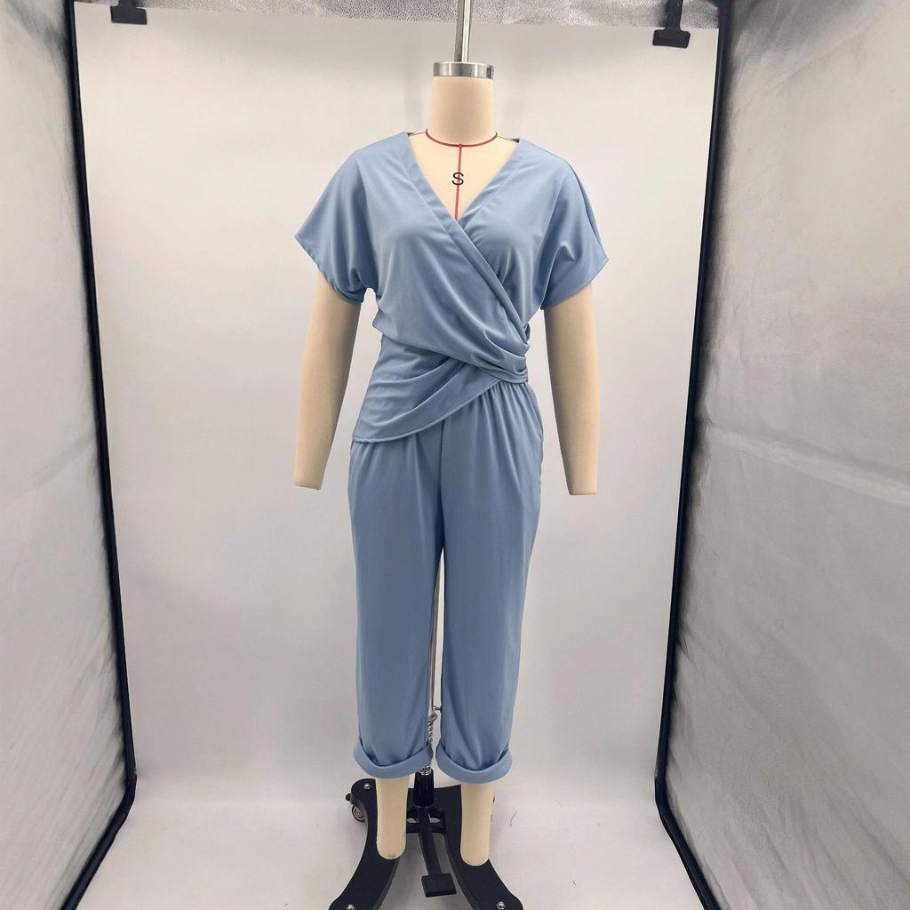 Women's European & American Summer Fashion Solid Color Irregular Short Sleeve Set
