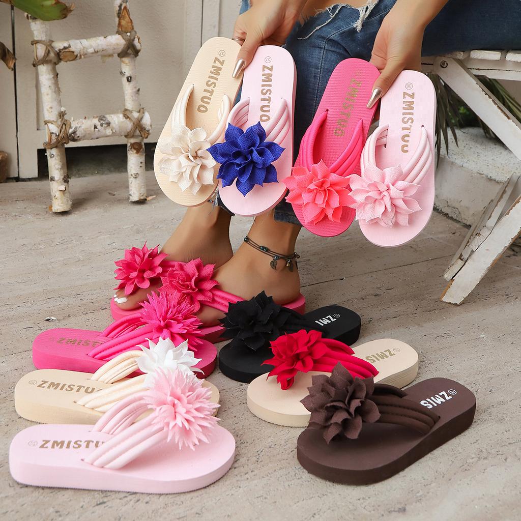 Large Thick Soled Herringbone Sandals for Women, Solid Color Flowers, Versatile Fashion, Retro Beach Slippers