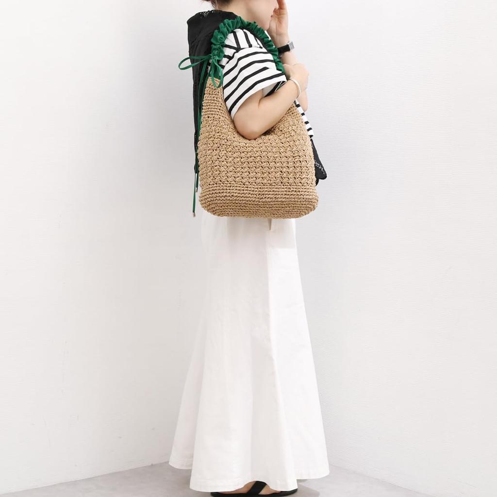 Drawstring frill handle woven tote bag