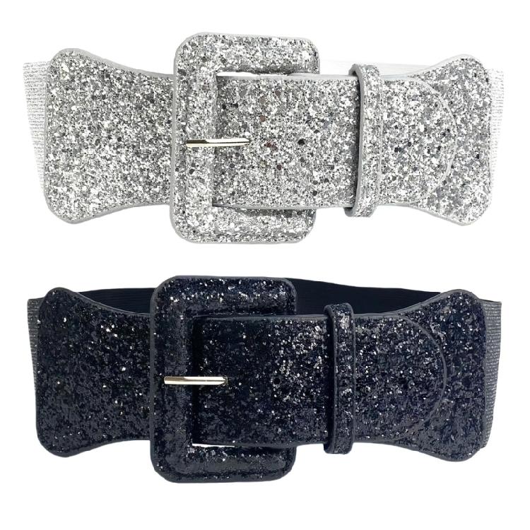 Shining Corset Belt for Women Sequined Elastic Wide Belt All Matching PU Leather Belt Glitters Belt for Party Dresses