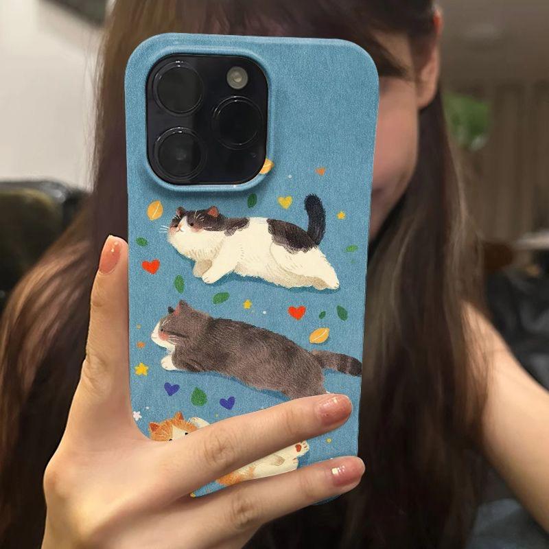 Adorable Chat Rond Aquarelle Douce Joueuse Esthétique Coque de Téléphone pour iPhone 17 16 15 14 11 12 13 Pro Max Air Plus Housse Arrière