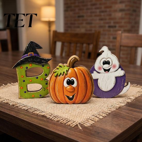 Ghost Letter Sign for Home Halloween Wooden Ornament, Retro Solid Ghost/Letter/Pumpkin Sign, Tabletop Wood Holiday Shelf Sitter Centerpiece Decoration