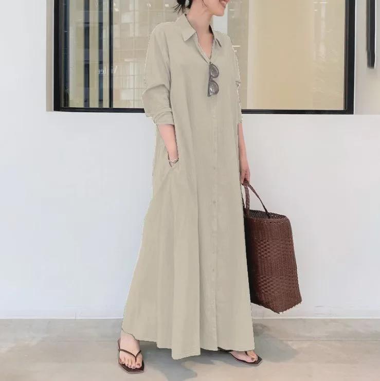 Abito camicia a maniche lunghe con risvolto e tasca in stile europeo e americano in cotone e lino