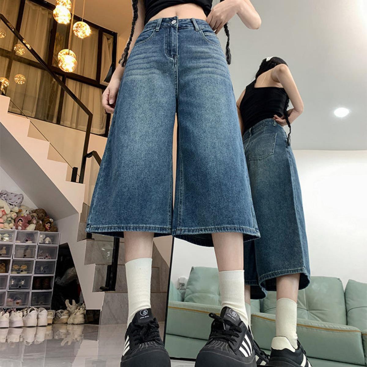 

Джинси прямого крою сім восьмих для жінок, корейська версія з високою посадкою великого розміру, вільні повсякденні драпіровані штани з широкими штанинами 4XL синій