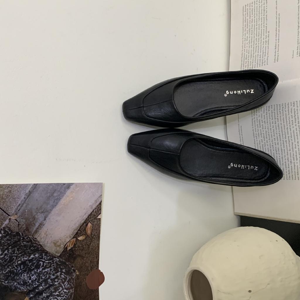 Solid color simple light mouth retro style square head leather shoes casual daily non-slip thick middle heel fashion shoes