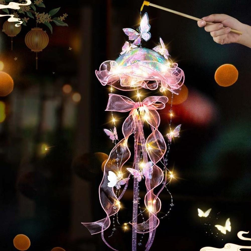 Organza Lantern Handmade Jellyfish Lantern Luminous Dreamy Style Butterfly Lamp Glowing Beaded Tassel Handheld Light Kids Craft