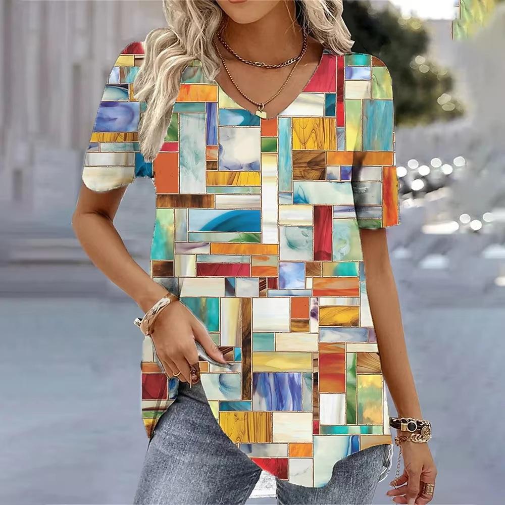 Casual Versatile Plant Pattern Short Sleeve V-Neck T-Shirts Women’s