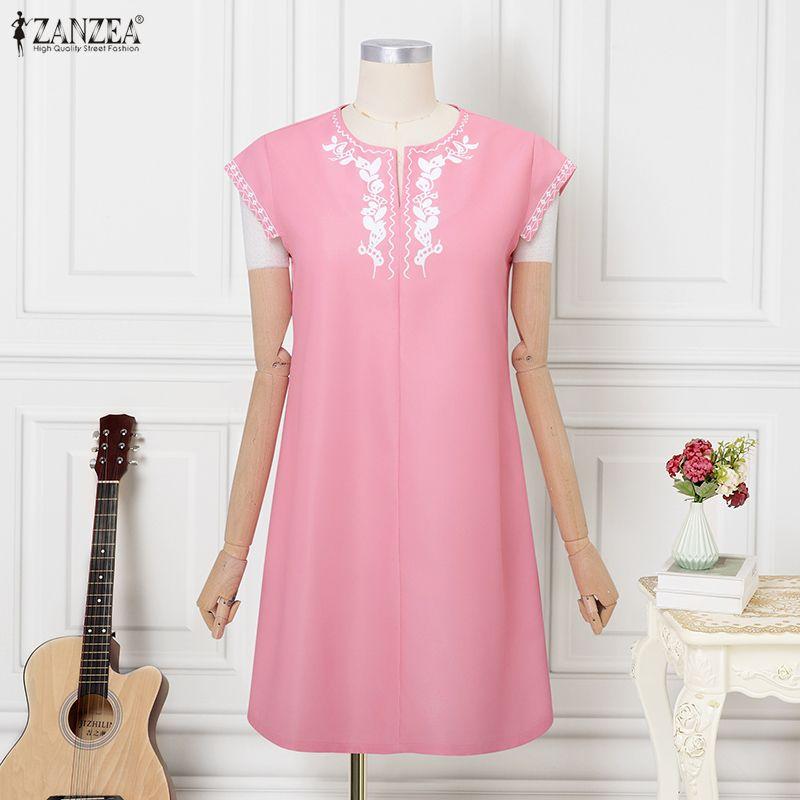 ZANZEA Women Print Casual V-Neck Summer Short Sleeve Dress