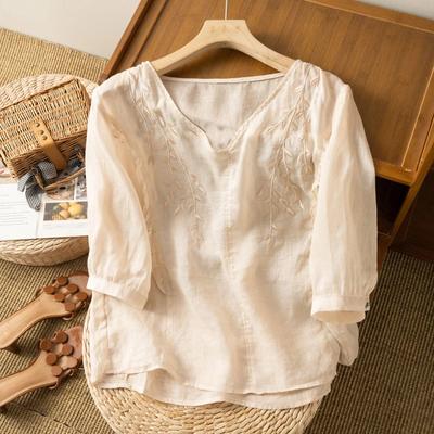 Top da donna estivo ampio temperamento letterario vintage cotone lino sottile comodo ricamo stile etnico