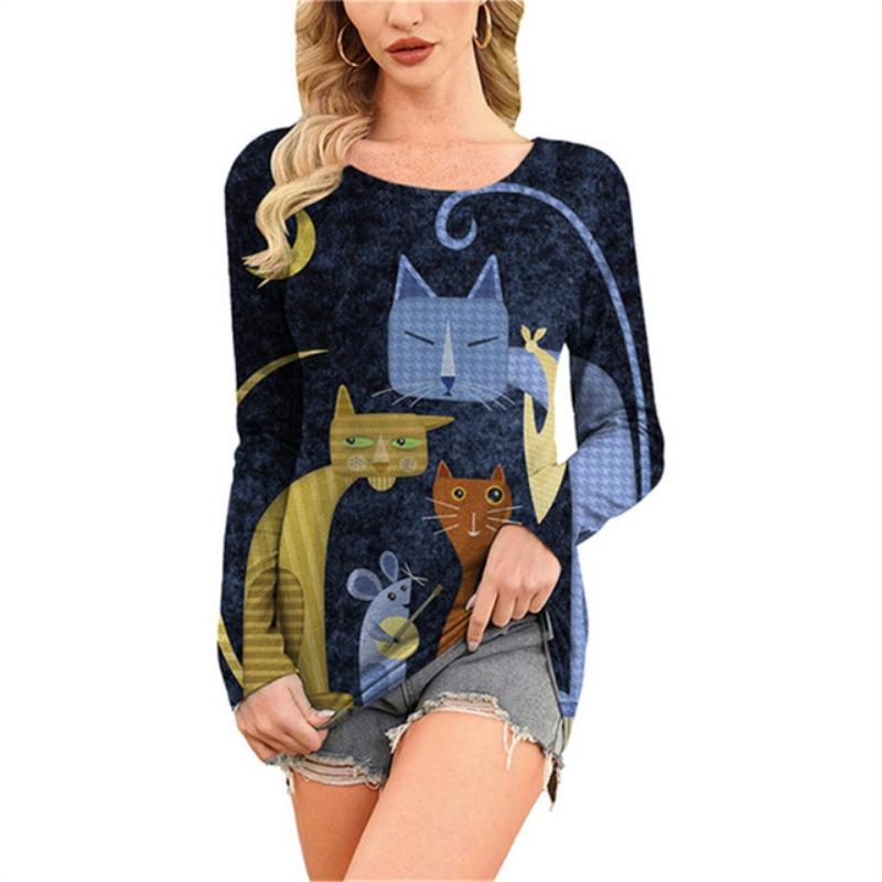 Модная удобная универсальная женская футболка с принтом мультяшного кота с круглым вырезом — фото 18