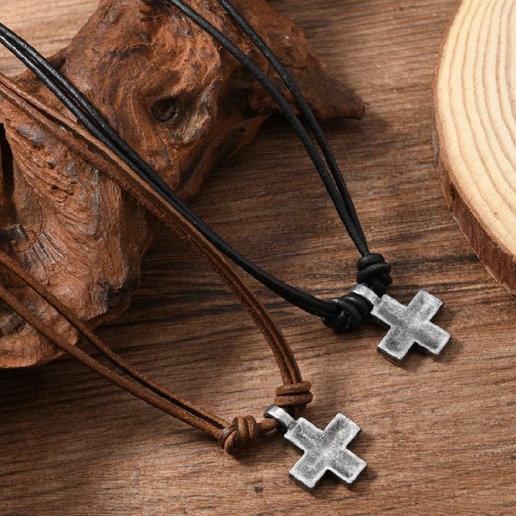 Lightweight Adjustable Braided Leather Necklace Crucifix Pendant Vintage Accessory For Everyday Fashion Jewlery