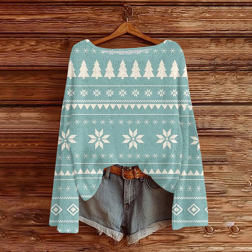 Women's Fashionable Oversized Knitwear Long-Sleeved Christmas Print Top
