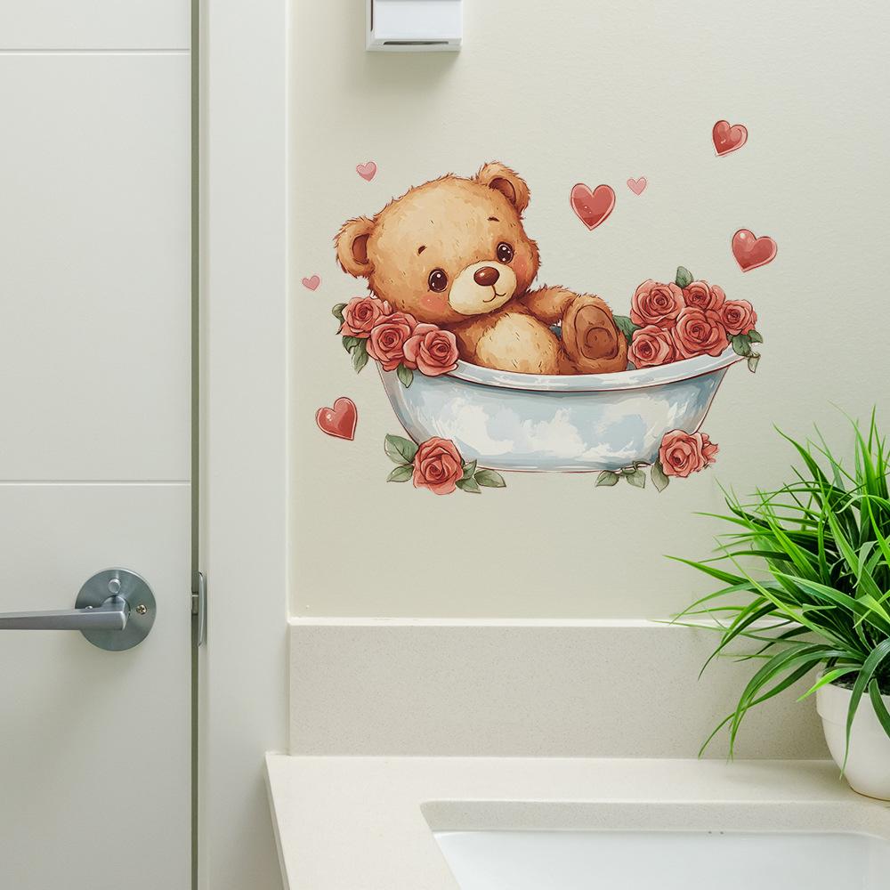 Bathtub Bear Roses Bathroom Bathroom Home Background Beautification Decoration Wall Stickers