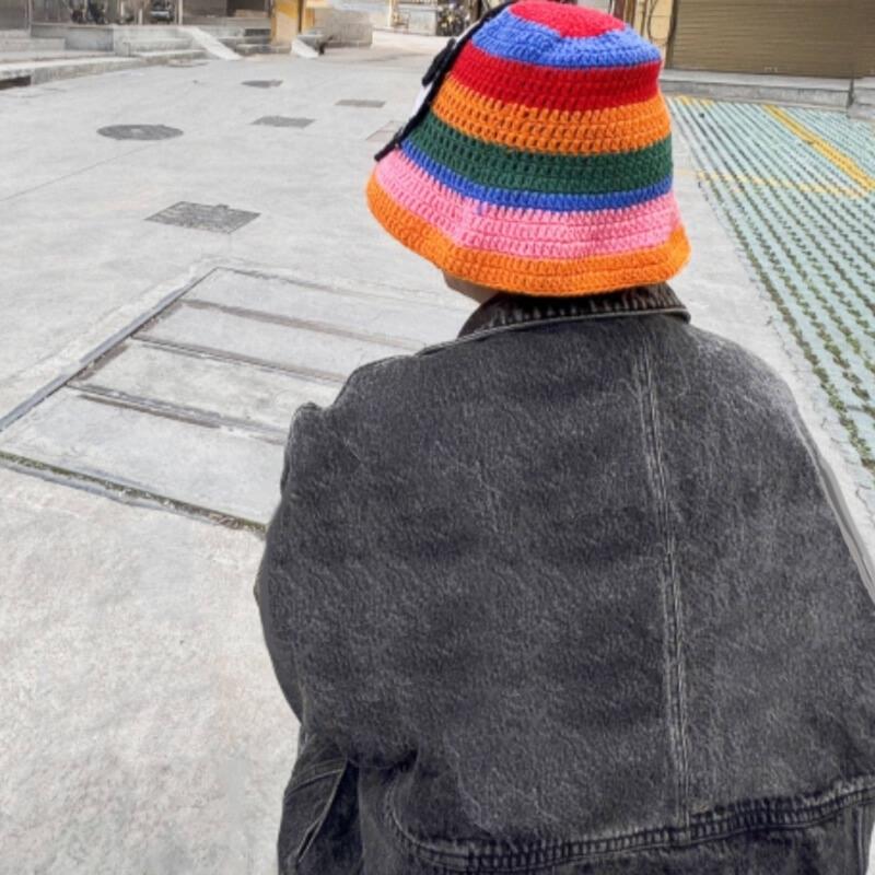 Striped Skull Design Crochet Bucket Hat Crocheted Acrylic Knit For Outdoor Stretchy Unisex Fit