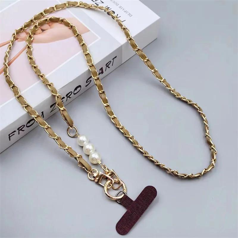 Phone Lanyard Women's Long Leather Woven Metal Chain With Pearl Phone Case Universal Phone Lanyard Diagonal Cross Bag Decoration