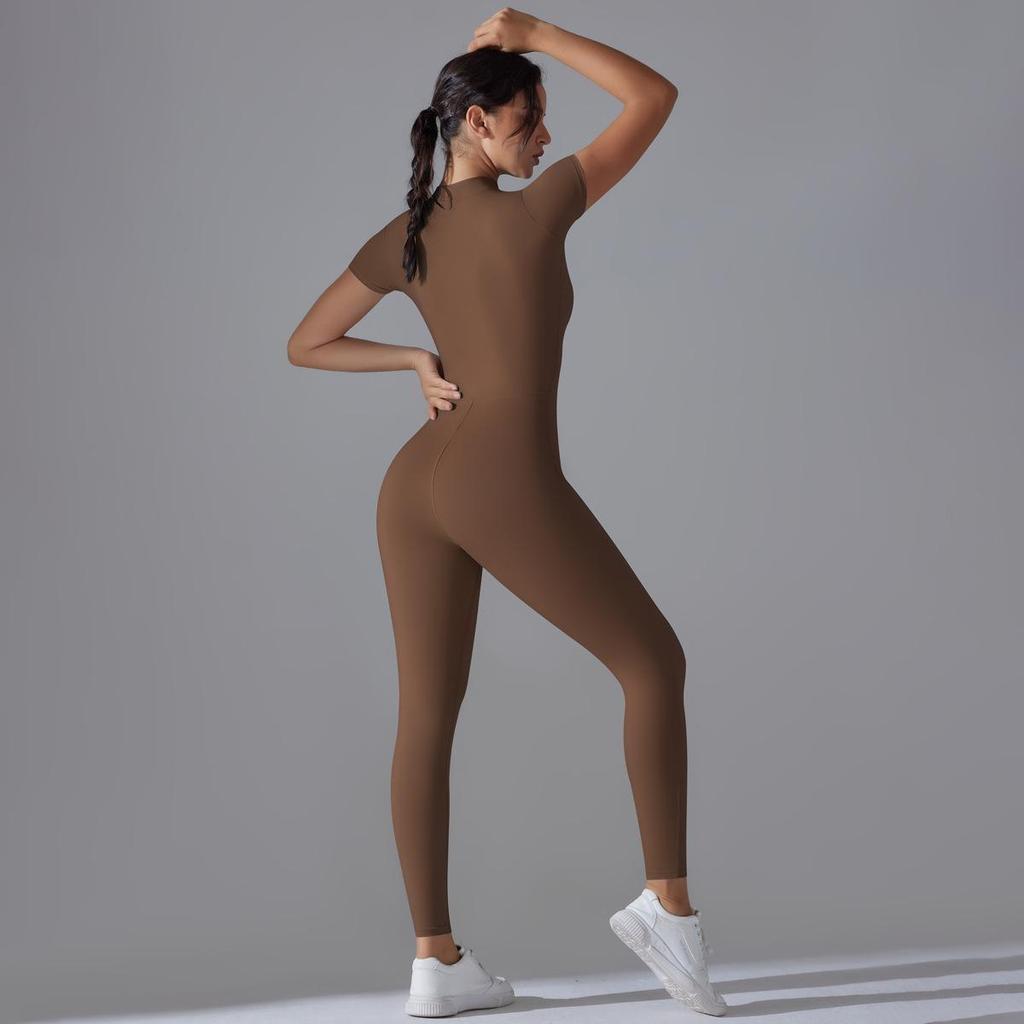 Solid Color High Elastic Half-Zip Short Sleeve Bodysuit for Sexy Fitness