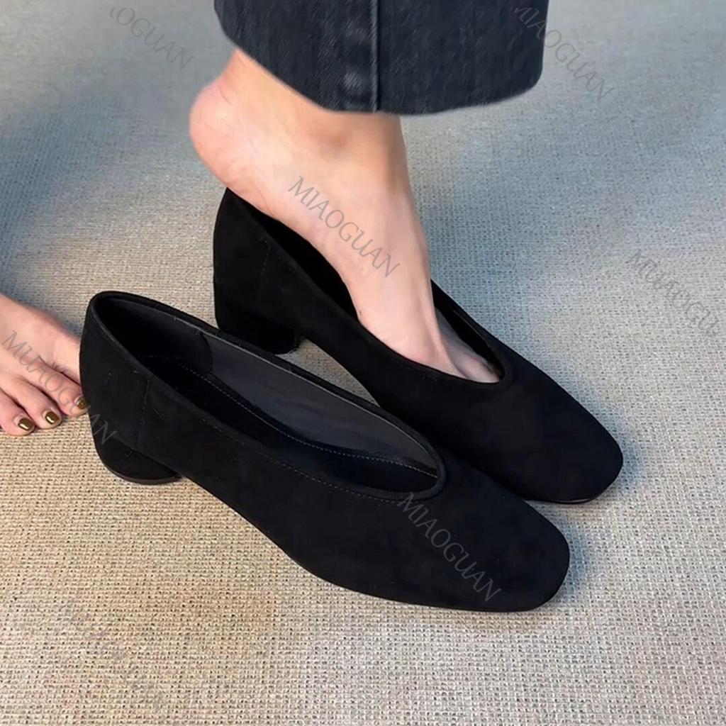 Fashion Black Suede Women Pumps Vintage Square Toe Commuter Single Shoe Fashion Slip on Thick Heeled Shoes for Women Shallow Heels Women