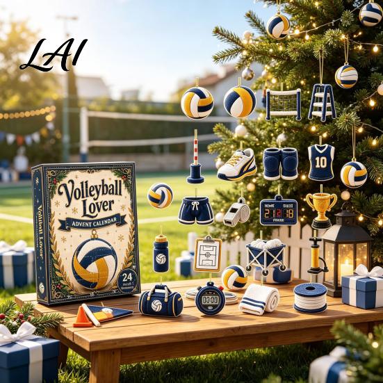 Volleyball-Enthusiast Sammler-Liebhaber Adventskalender 2026 2D Acryl Sport-Thema Schmuckset 24 Rucksack-Anhänger für Jugendliche Tage Weihnachten
