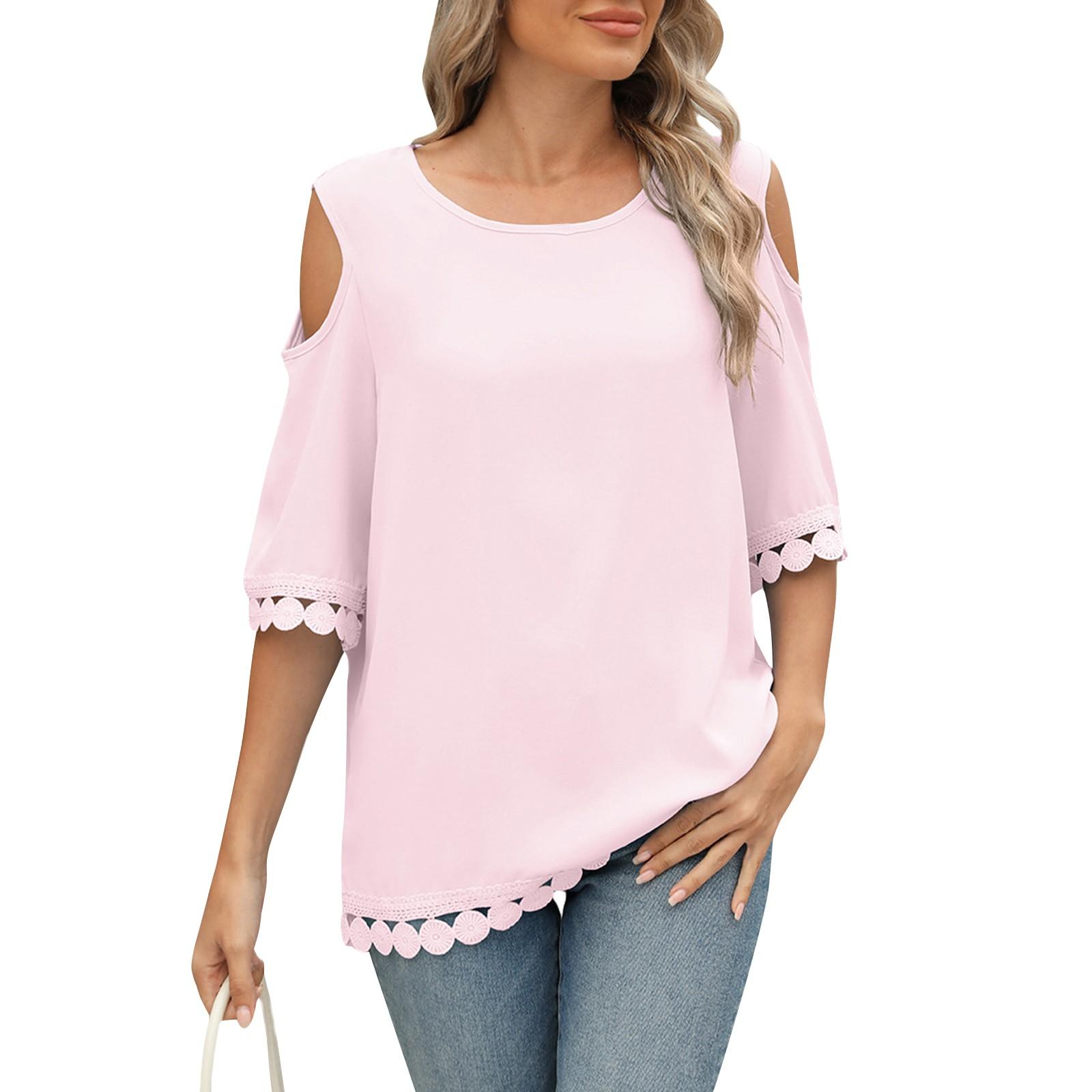 

Женская повседневная модная сексуальная удобная однотонная свободная футболка с круглым вырезом и рукавом три четверти XL розовый
