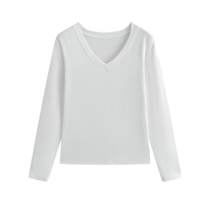 Svart V-ringad Bas-T-shirt för Kvinnor Vår och Sommar Ny Lös Slim Långärmad T-shirt med Koreanska Toppar Inuti