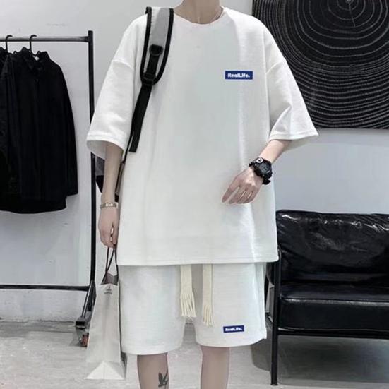 תלבושות 2 חלקים לגברים סט מכנסי טרנינג קז'ואל קיץ אוברסייז שרוול קצר חליפת ספורט בד טקסטורת וופל בגדי פנאי חליפה תואמת